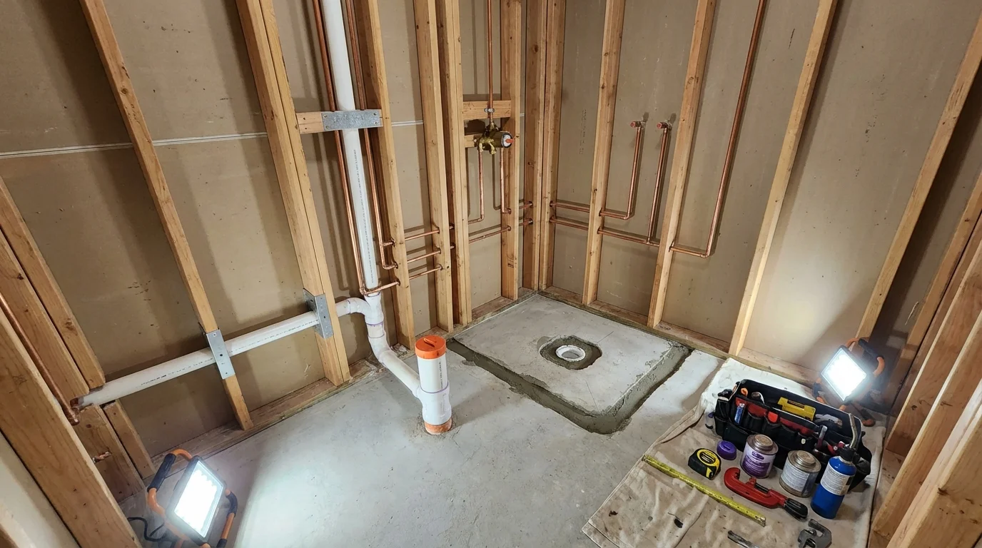 Bathroom rough-in plumbing during remodel by Johns Plumbing LLC in Plentywood