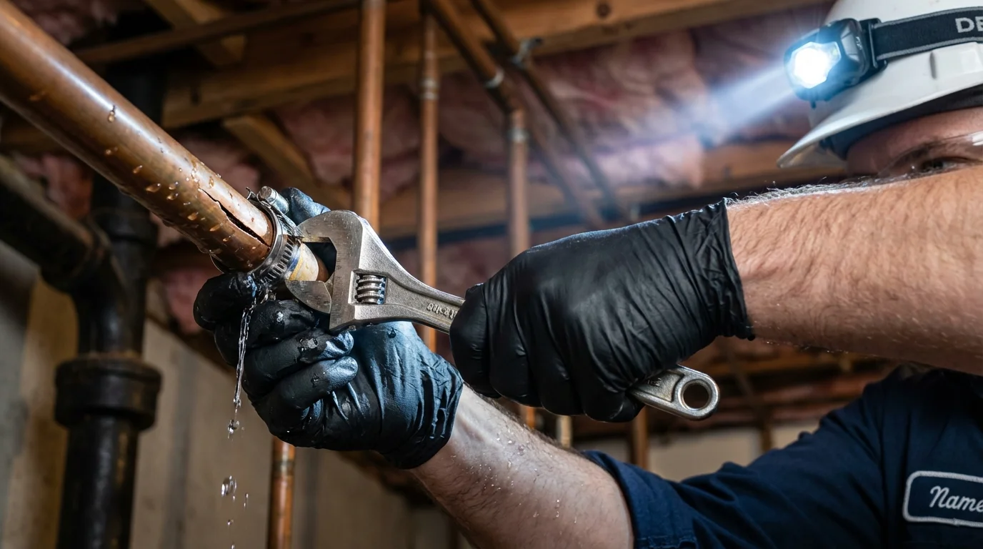 Emergency pipe clamp repair being performed by a Johns Plumbing LLC plumber in Plentywood