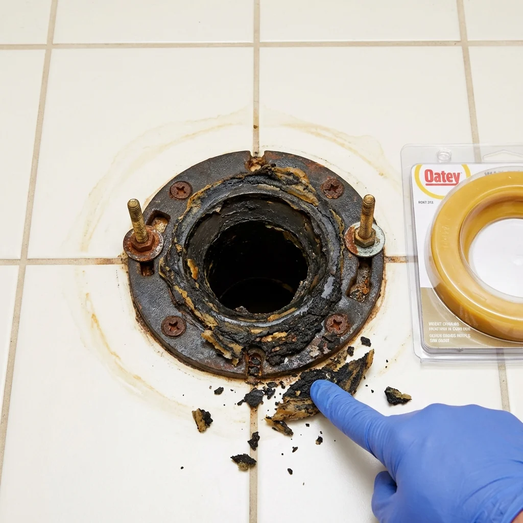 Failed wax ring showing water seepage at the base of a toilet in a Plentywood, MT home