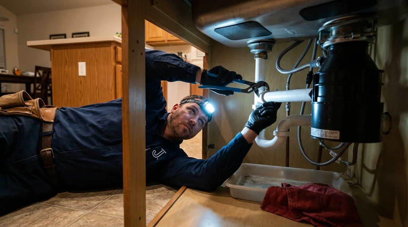 P-trap and supply line connections under a kitchen sink showing a common leak point in Plentywood, MT